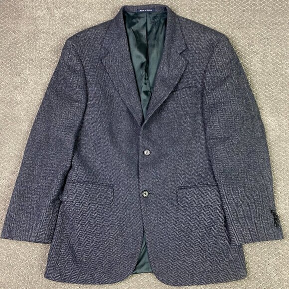 Lands End Lambs Wool Herringbone Tweed Blazer Sport Coat Men's 39R Blue Black - Picture 1 of 16